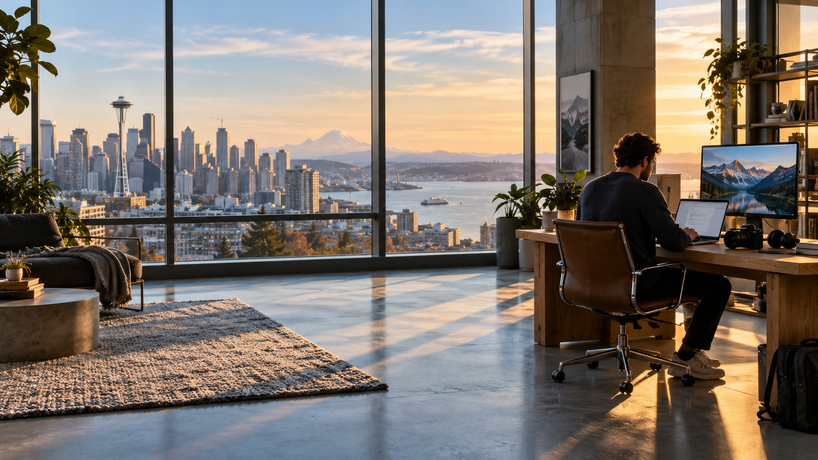 A person working at a laptop beside a window that looks out over a city skyline at sunset.