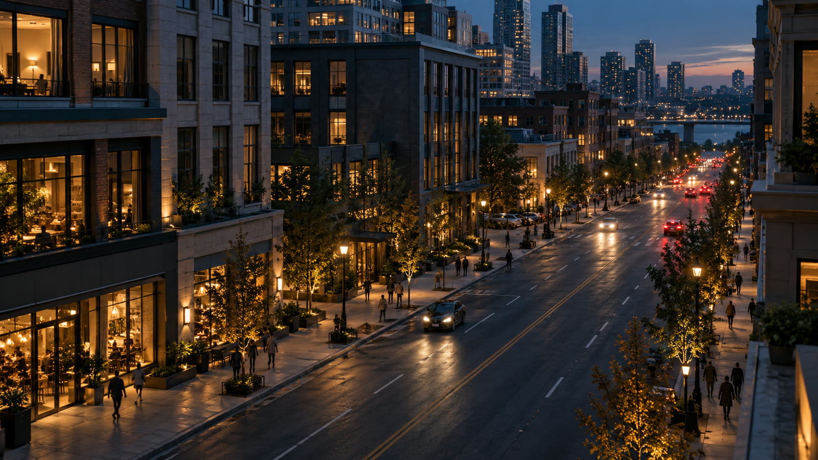 A city street at dusk, lit by shop windows and street lamps.