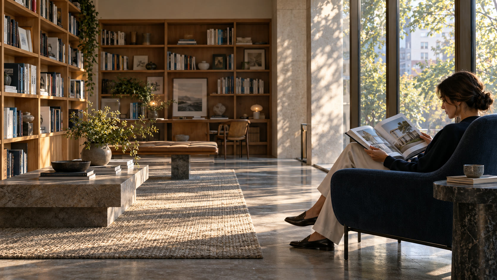 A person reading a magazine in a quiet, book-lined lounge.